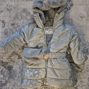 Silver Puffer Coat with Heart Detail